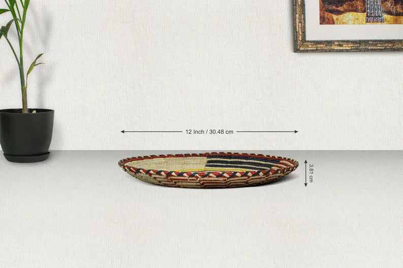 Echoes 12” Flat Woven Wall Basket, Boho Wall Hanging Basket, Handmade Wedding Welcome Basket, Fruit Tray, Decorative Boho Wall Basket