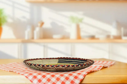 Echoes 12” Flat Woven Wall Basket, Boho Wall Hanging Basket, Handmade Wedding Welcome Basket, Fruit Tray, Decorative Boho Wall Basket