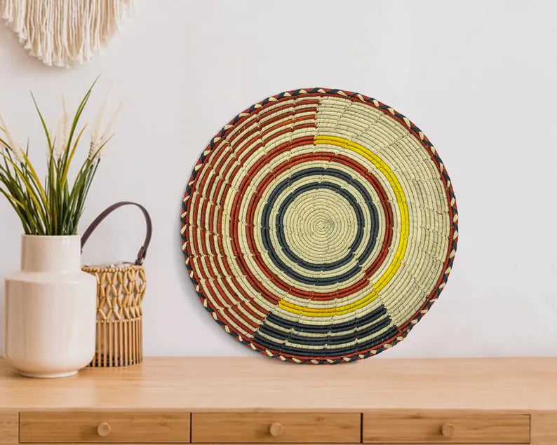 Echoes 12” Flat Woven Wall Basket, Boho Wall Hanging Basket, Handmade Wedding Welcome Basket, Fruit Tray, Decorative Boho Wall Basket