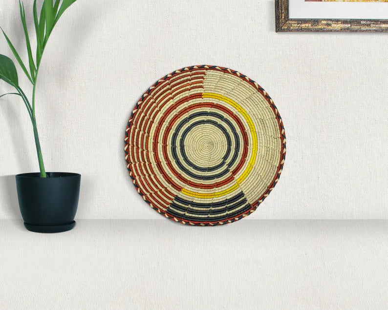 Echoes 12” Flat Woven Wall Basket, Boho Wall Hanging Basket, Handmade Wedding Welcome Basket, Fruit Tray, Decorative Boho Wall Basket