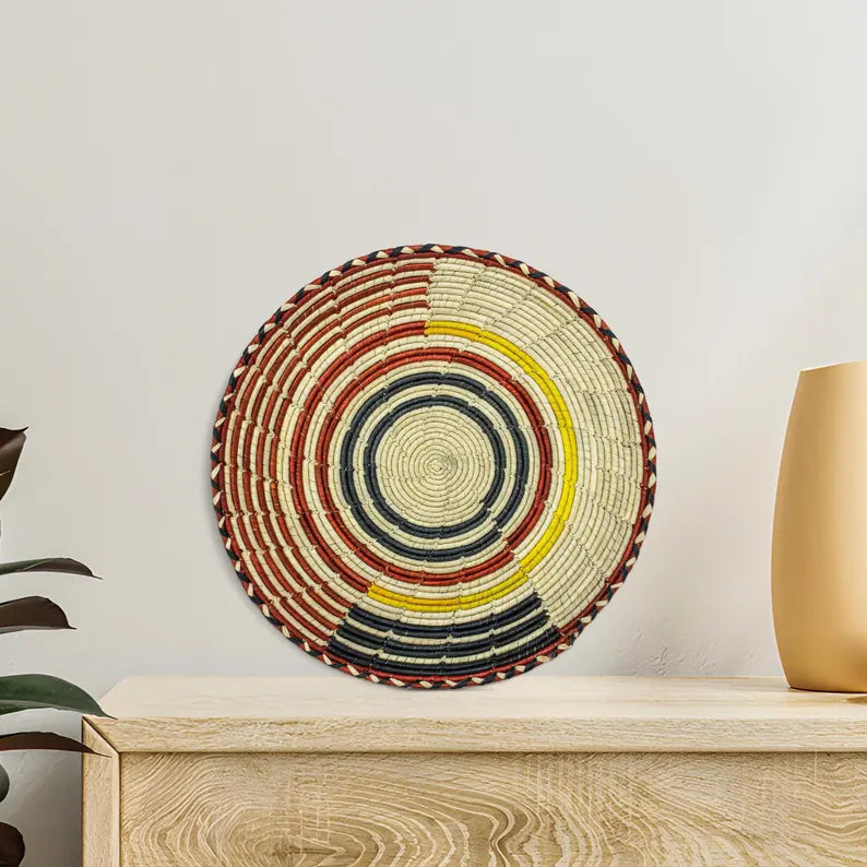 Echoes 12” Flat Woven Wall Basket, Boho Wall Hanging Basket, Handmade Wedding Welcome Basket, Fruit Tray, Decorative Boho Wall Basket