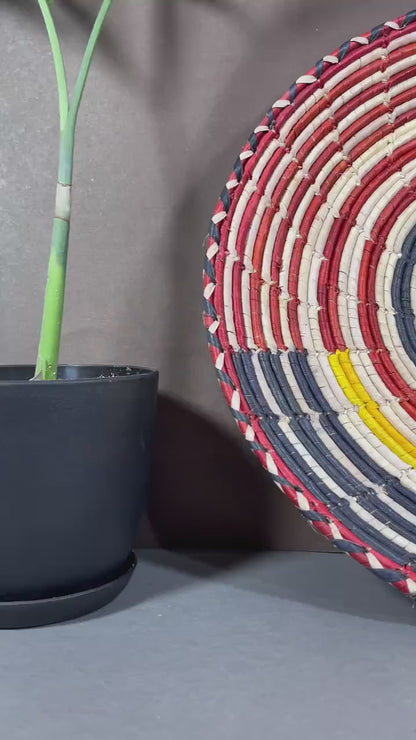 Echoes 12” Flat Woven Wall Basket, Boho Wall Hanging Basket, Handmade Wedding Welcome Basket, Fruit Tray, Decorative Boho Wall Basket