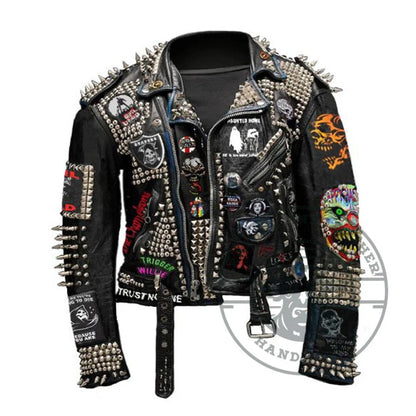 Men's Handmade & Hand Painted Punk Spiked Studded Patches Style Leather Jacket
