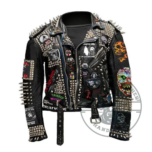 Men's Handmade & Hand Painted Punk Spiked Studded Patches Style Leather Jacket